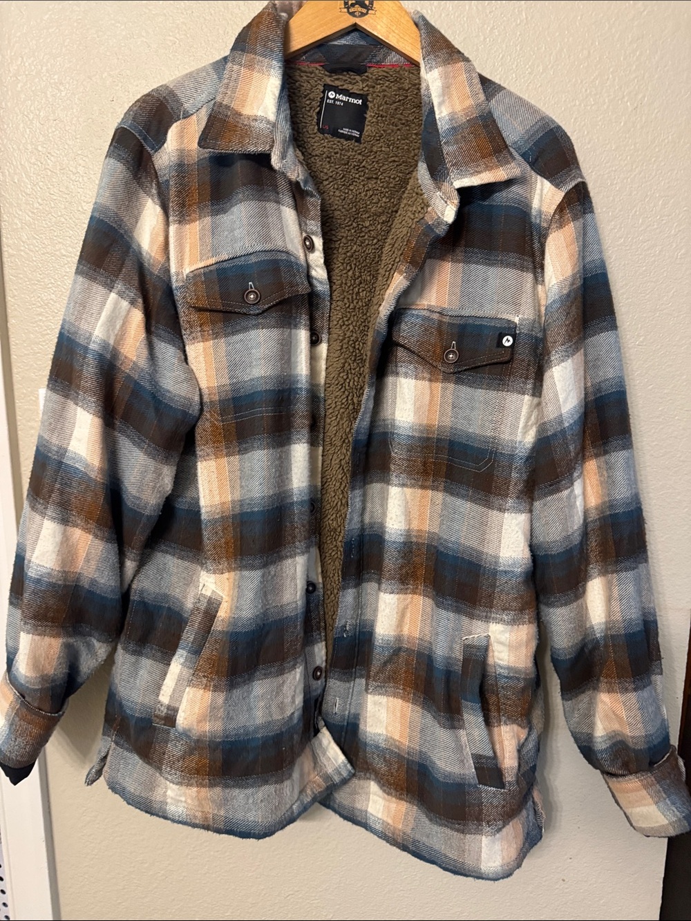 Marmot Plaid Sherpa-Lined Shirt Jacket in Blue, Brown & Cream